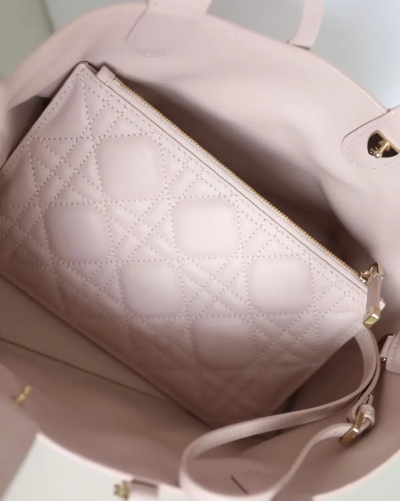 Pale Pink Soft Quilted Tote — interior pouch view