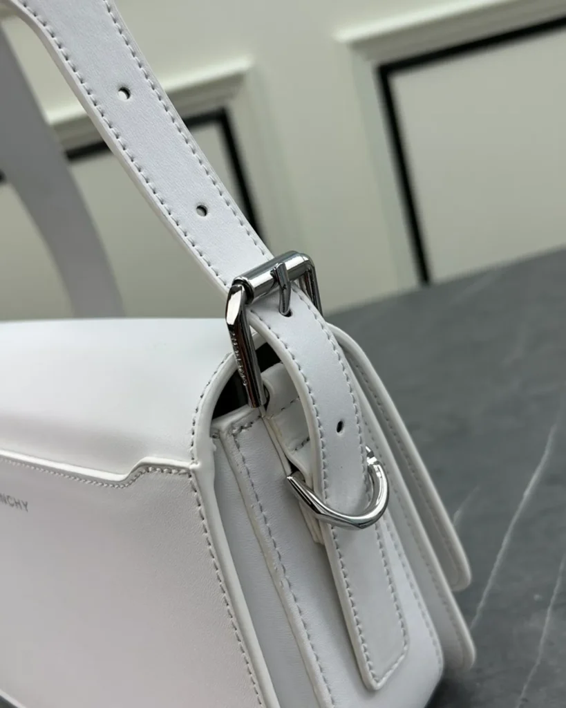 White Geometric Clasp Flap Bag — strap buckle