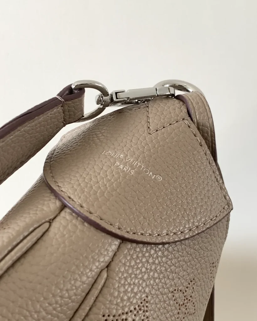 Taupe Perforated Monogram Shoulder Bag — strap attachment view