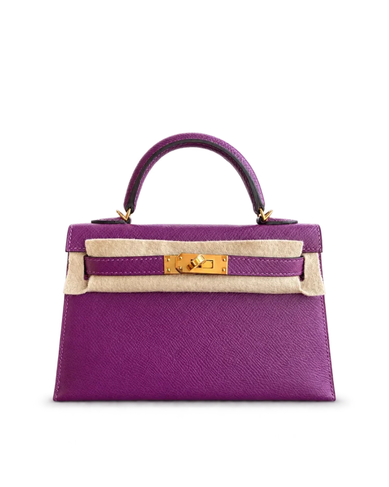 Kelly-Inspired Mini Anemone Purple Top-Handle Bag, front with protective felt