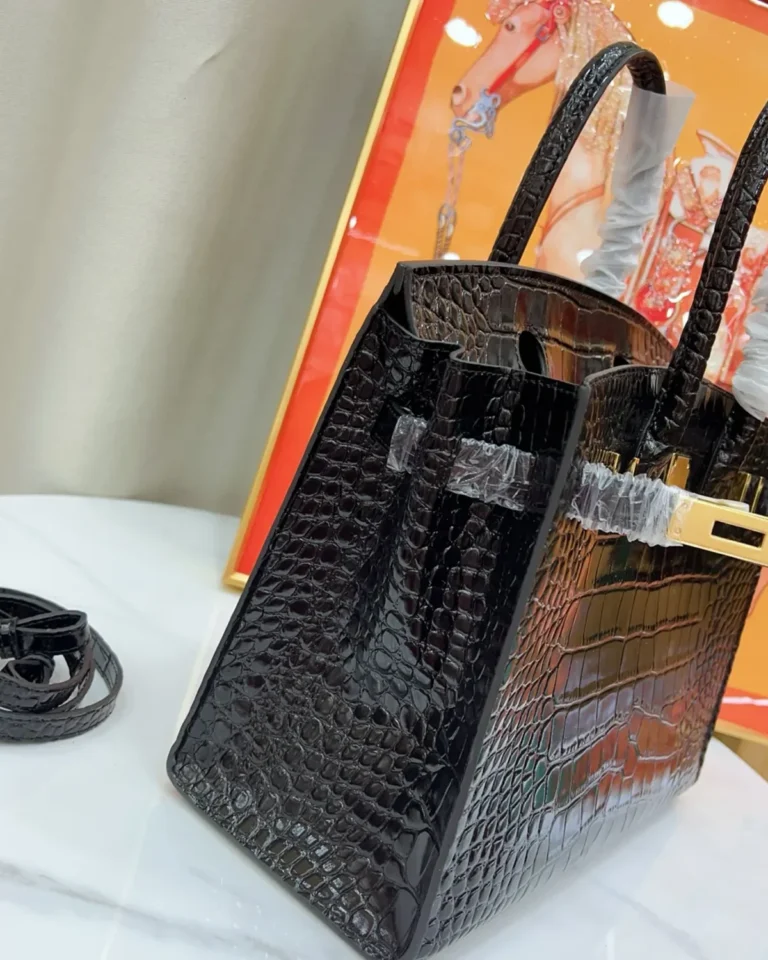 Black Glossy Scale-Texture Top-Handle Bag — side view