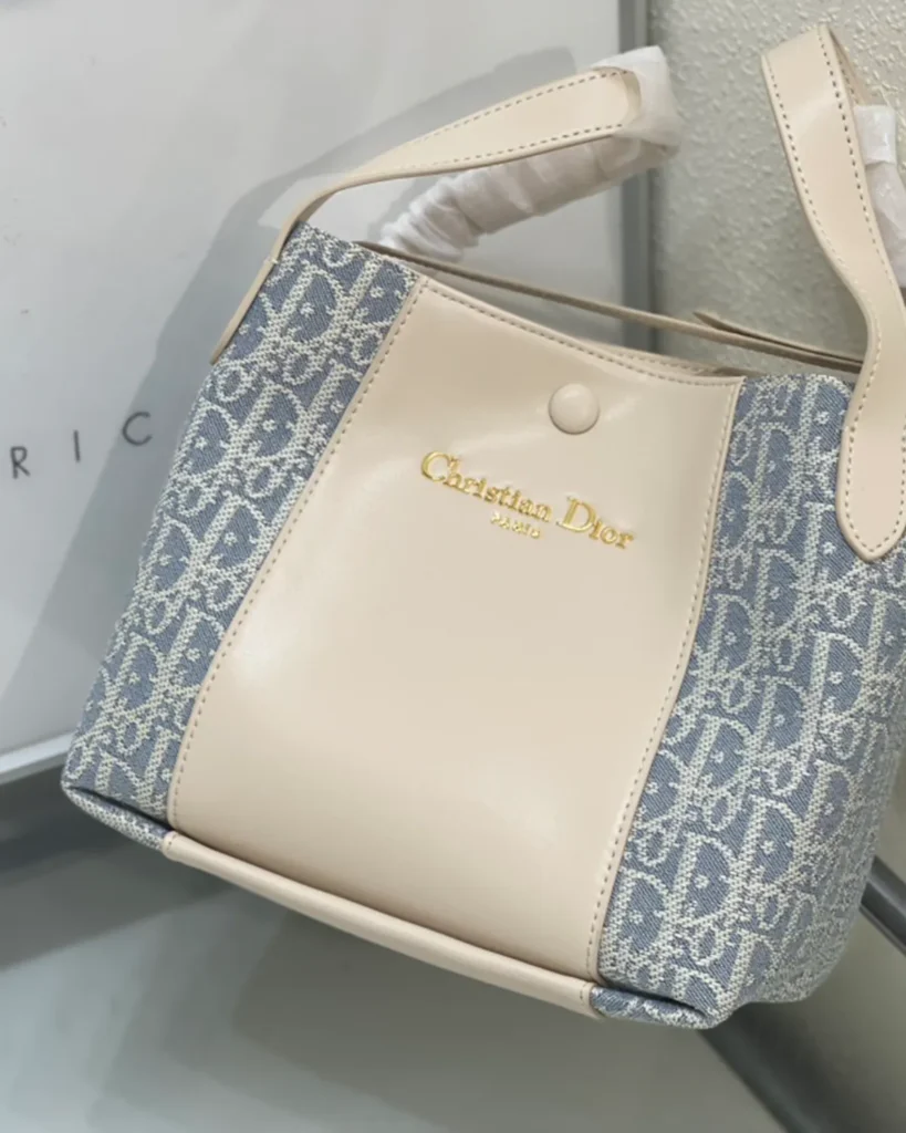 Cream and Blue Monogram Panel Tote — rear angle view