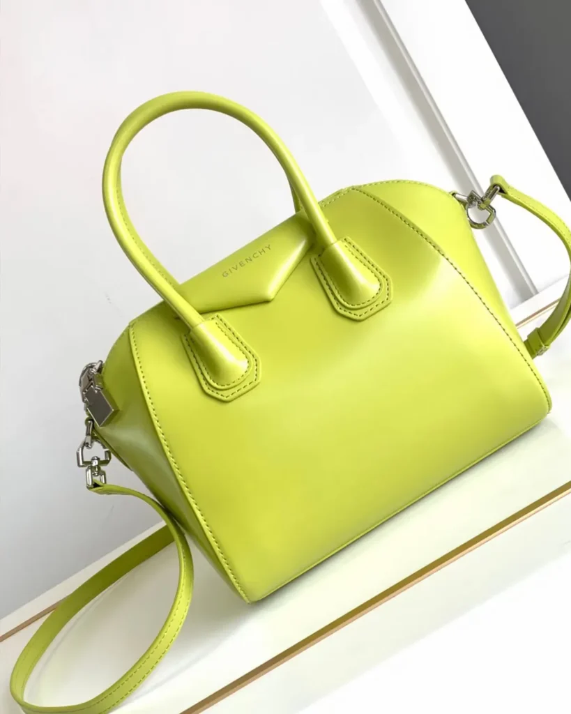 Lime Green Architectural Top Handle Bag — front with strap view