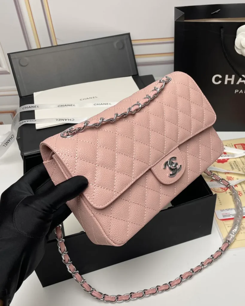 Pink Quilted Silver-Tone Chain Flap Bag — angled front view