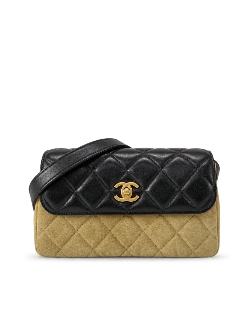 Tan and Black Quilted Flap Shoulder Bag — main view