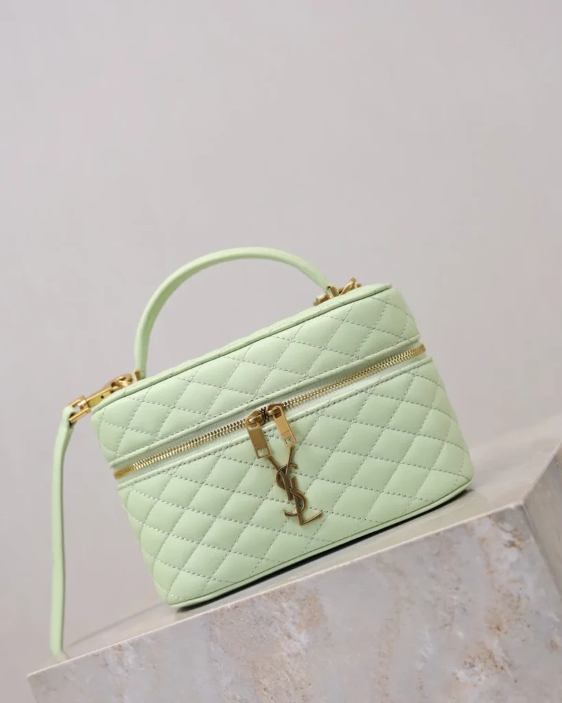 Pale Green Quilted Vanity Bag — angled front view