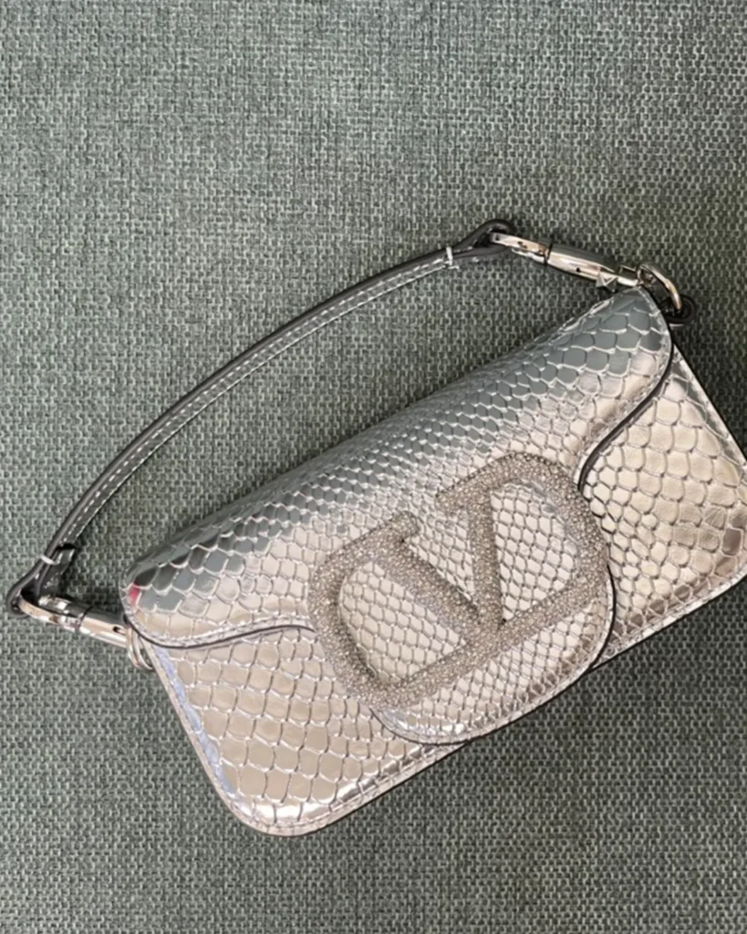 Silver Scale-Pattern Top-Handle Flap Bag — overhead view