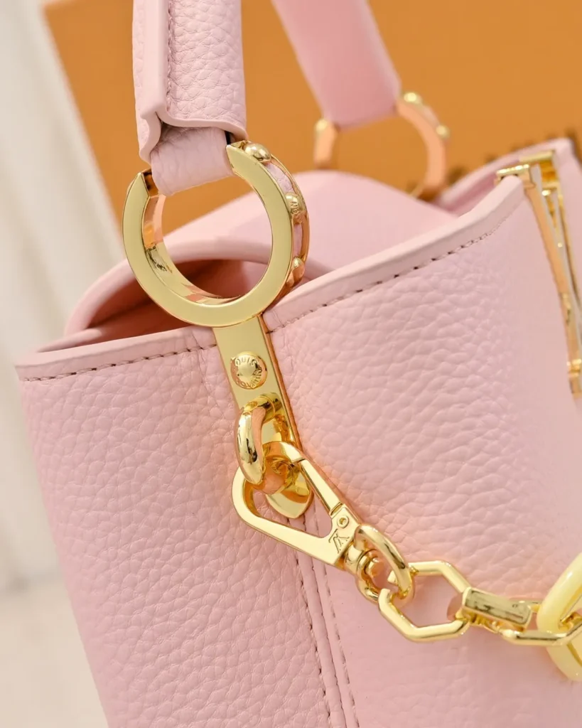 Pink Floral-Chain Top-Handle Bag — strap clip view