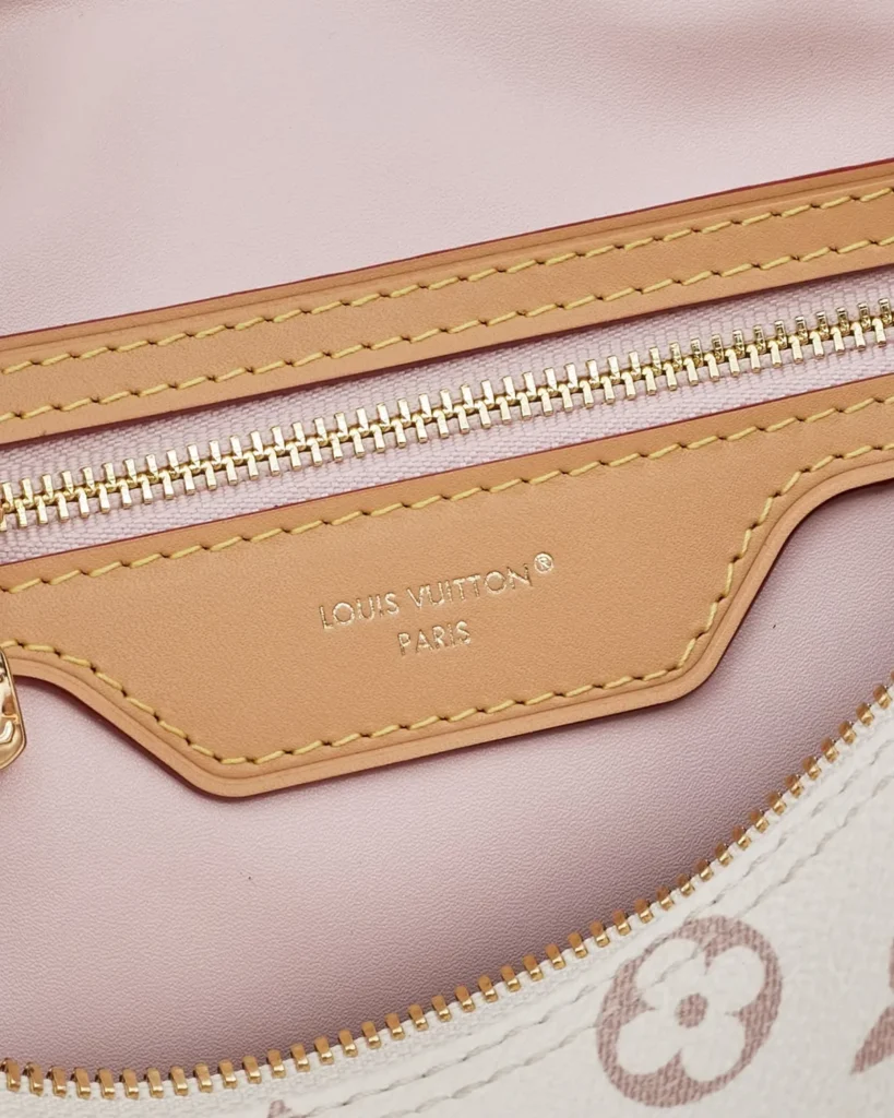 Cream Monogram Top-Handle Bag with Colorful Charms — interior label view