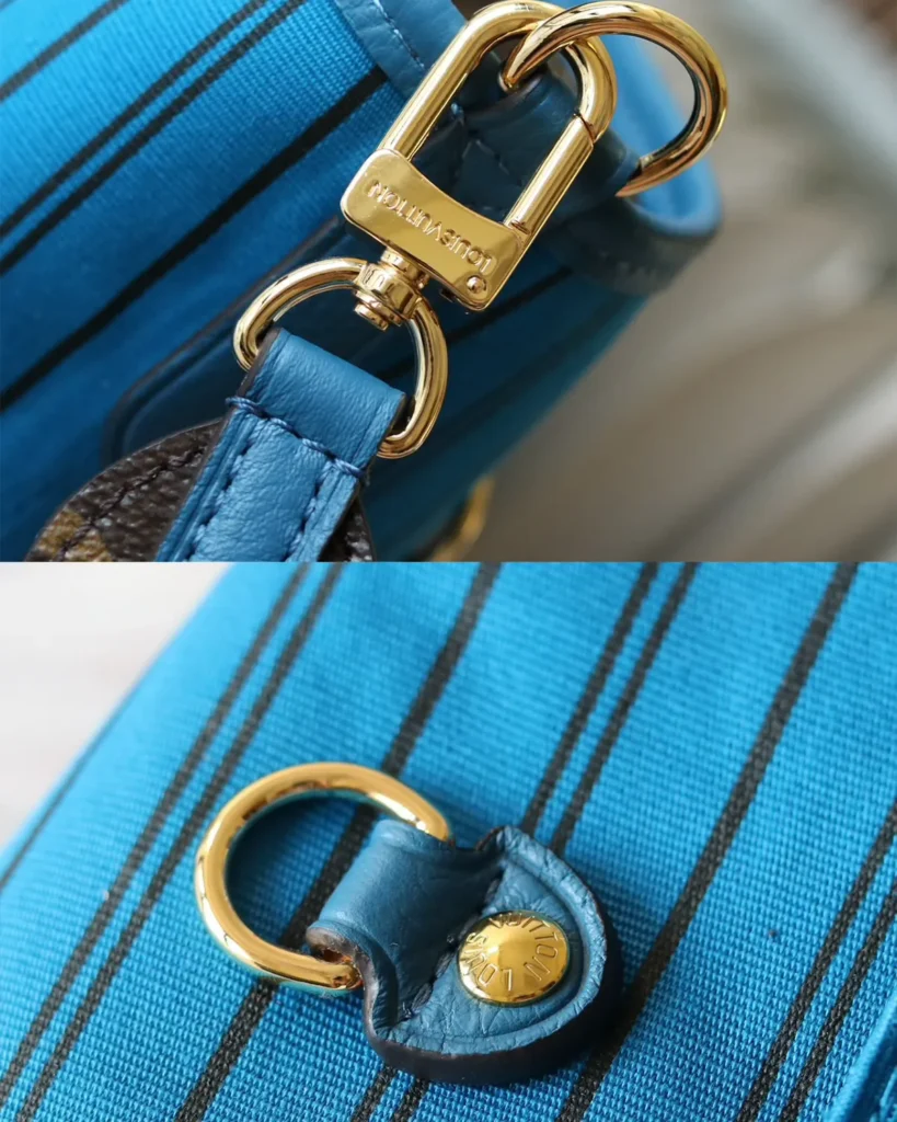 Blue Striped Reversible Monogram Tote — strap fittings view