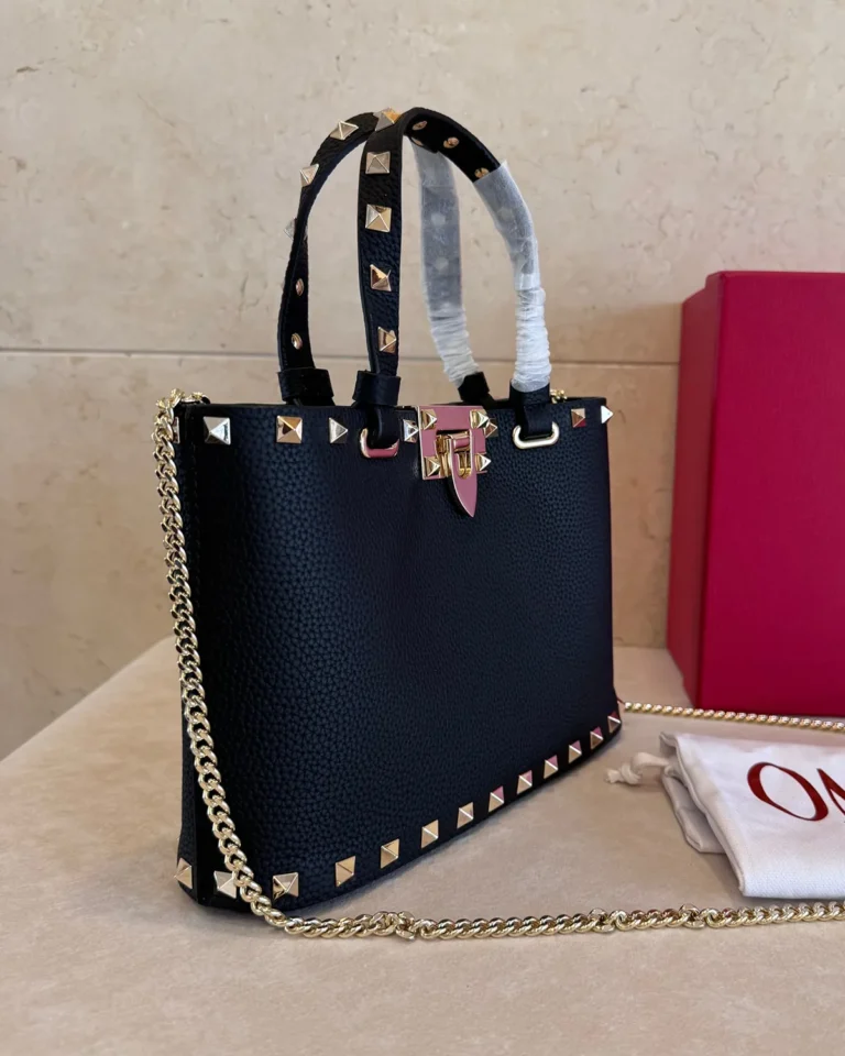 Black Studded Border Top-Handle Tote — angled side view