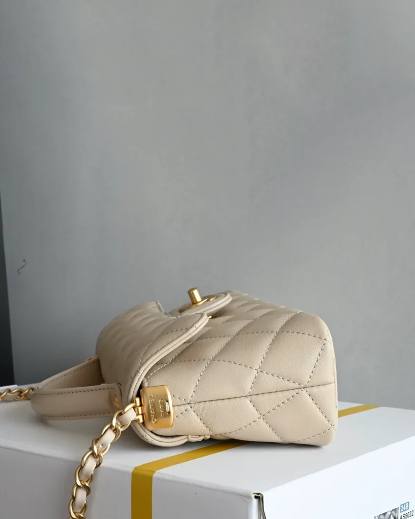 Pale Beige Quilted Top-Handle Flap Bag — side view