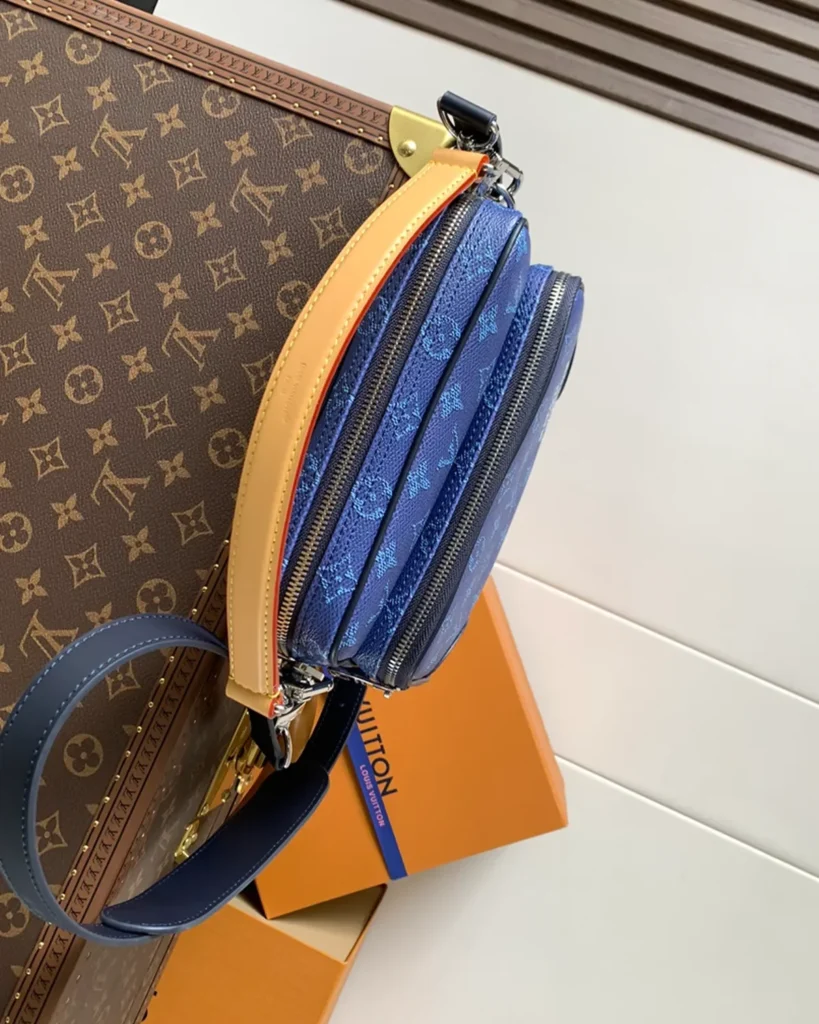 Blue Monogram Dual Zip Camera Bag — top zippers view