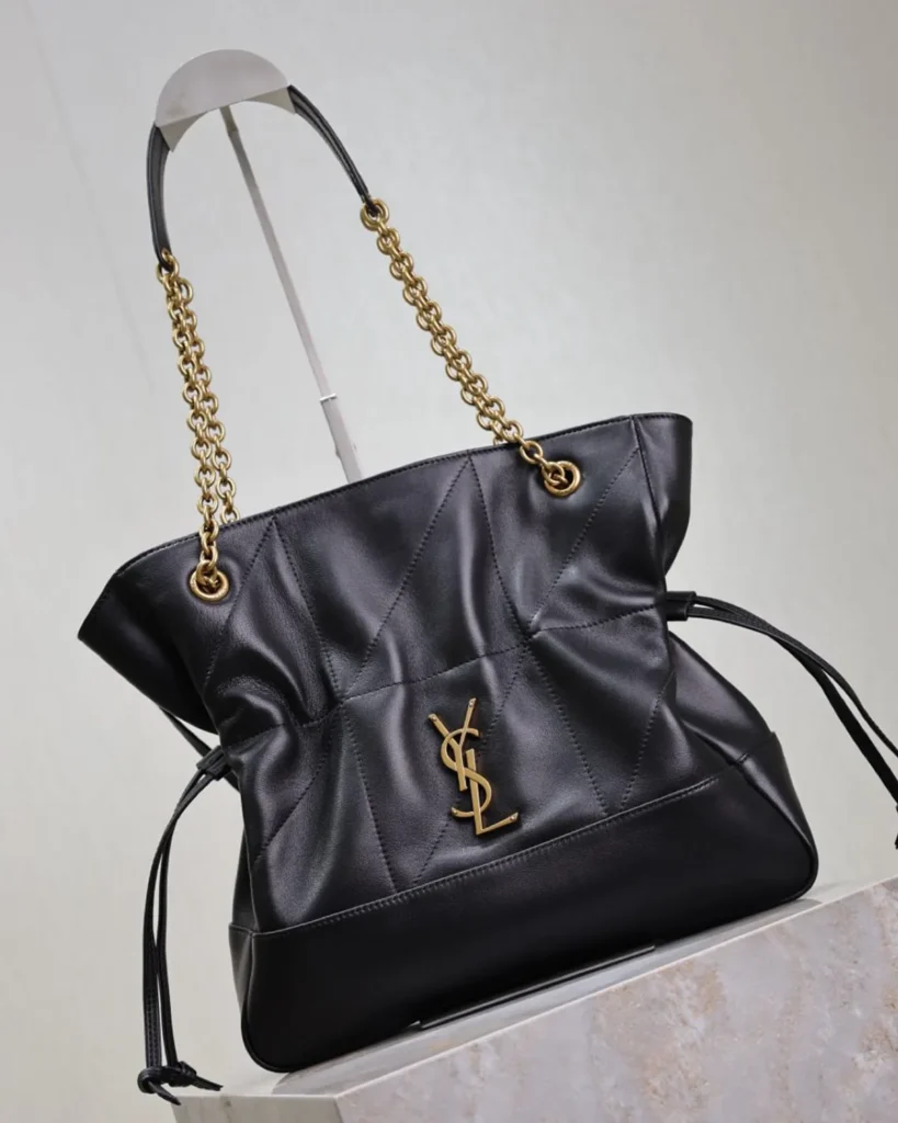 Black Geometric Side-Tie Shopper — angled front view