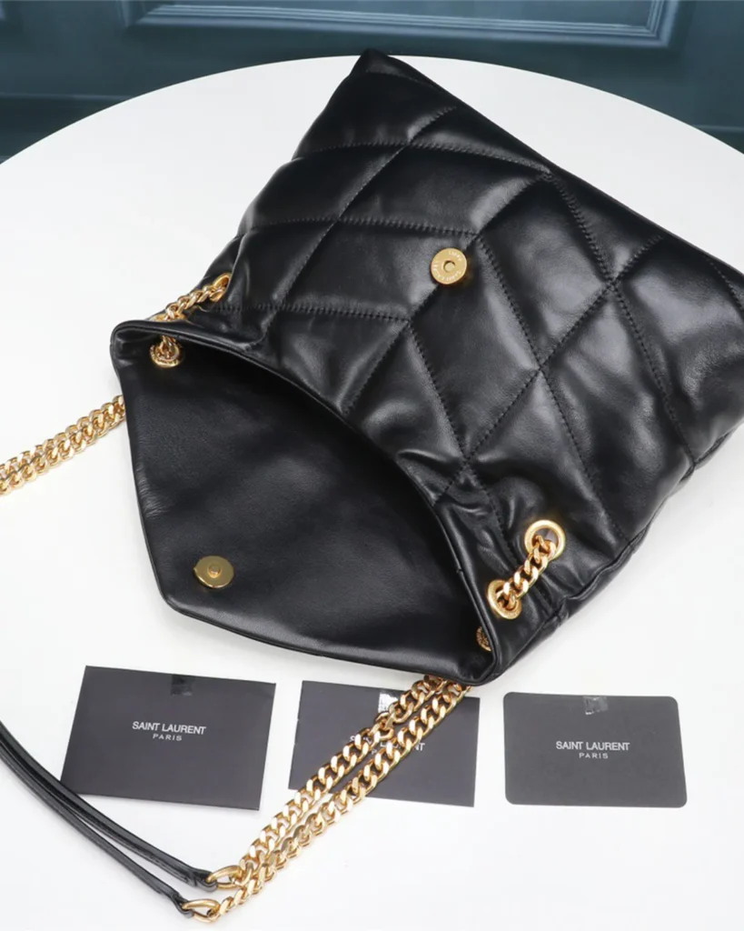 Black Padded Chevron Chain Bag — open flap view
