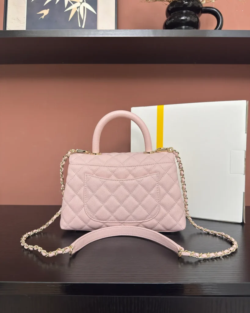 Light Pink Quilted Top-Handle Flap Bag — rear view