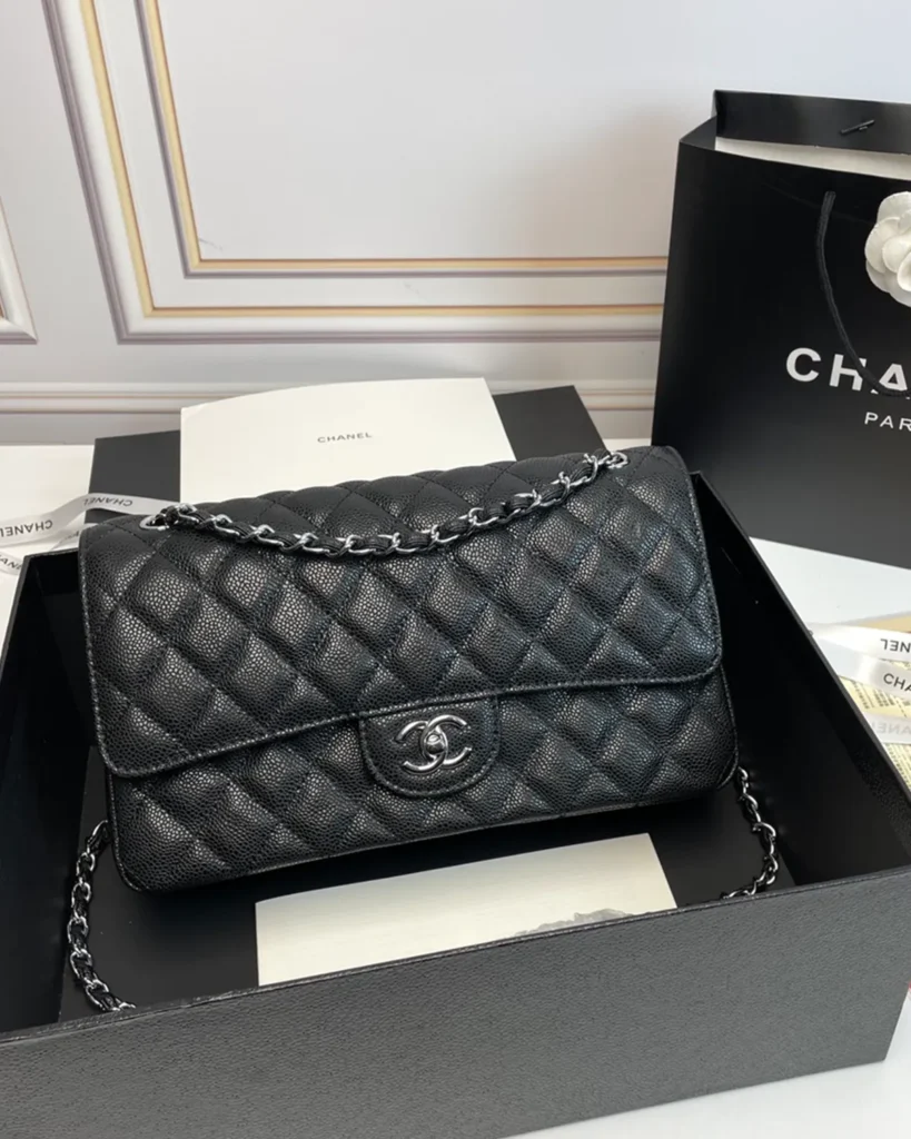 Black Quilted Silver-Tone Chain Flap Bag — front view