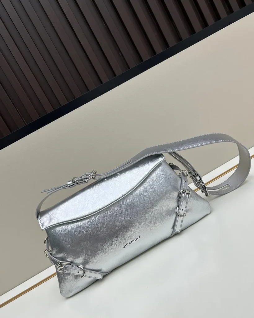 Silver Metallic Buckle Shoulder Bag — angled front