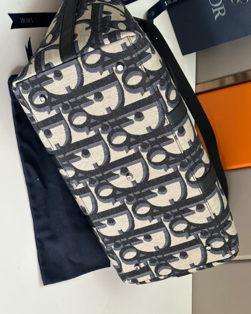 Beige Navy Monogram Zip Travel Tote — base view