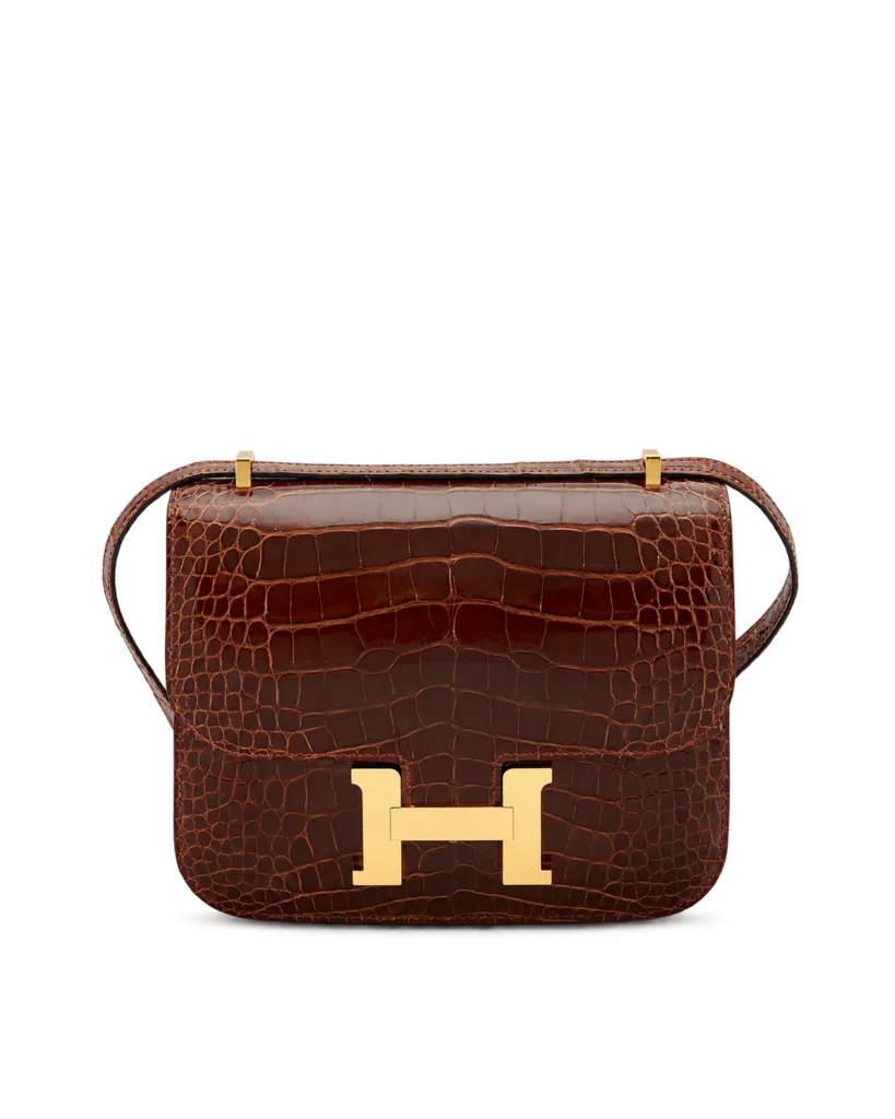 Front view of brown scale-texture Constance-inspired mini 18 replica bag with a gold-tone H-shaped clasp