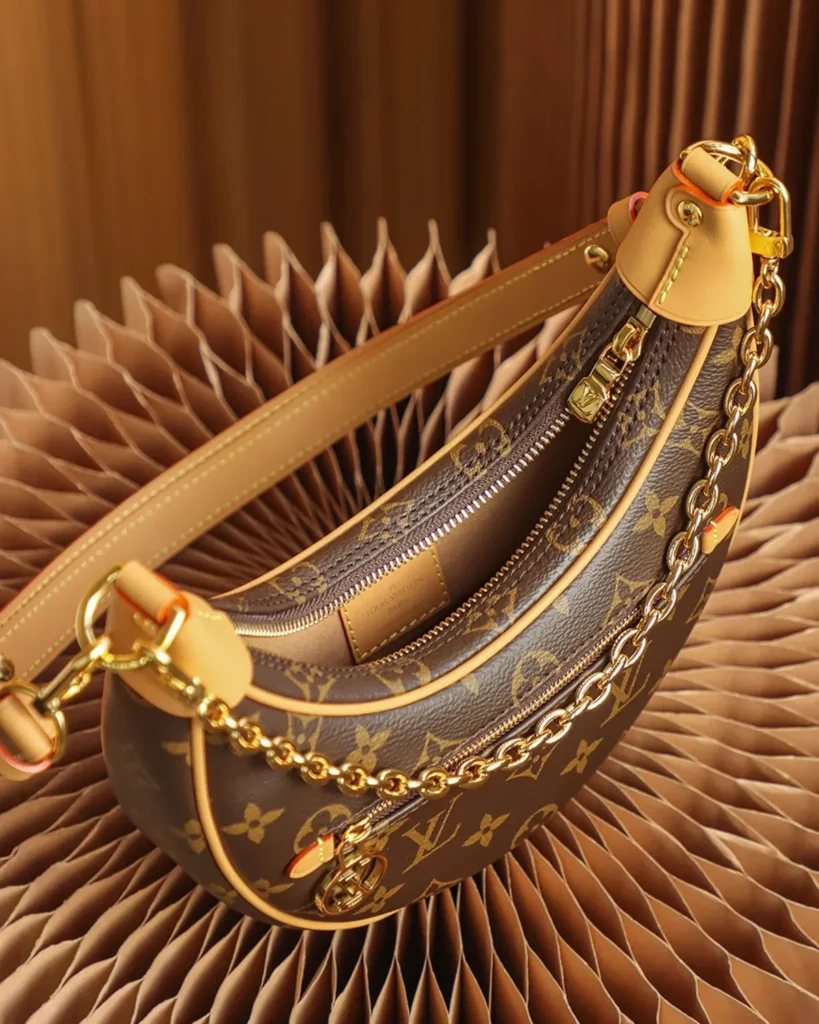 Brown Monogram Crescent Chain Shoulder Bag — chain detail view