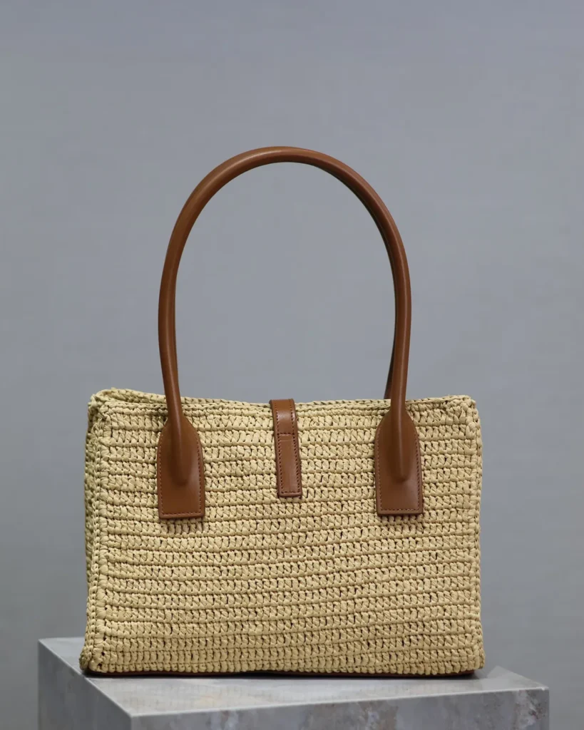 Natural-Tone Woven Tote with Brown Handles — back view