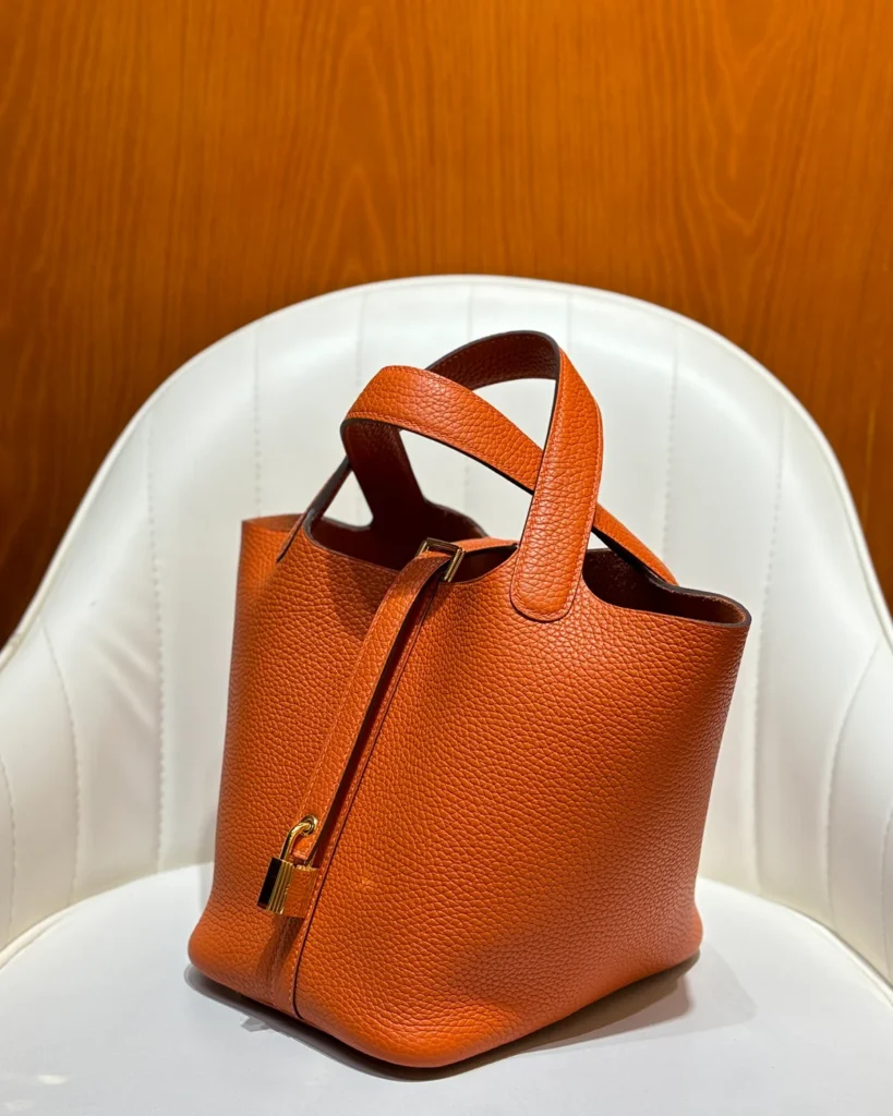 Picotin-Inspired 18 Orange Bucket Bag, front angle view