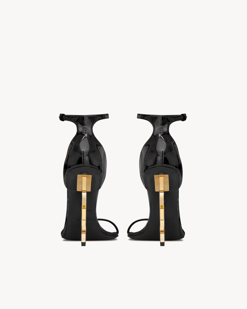 Black Patent-Style Sandals with Gold-Tone Cassandre-Style Heel — 4