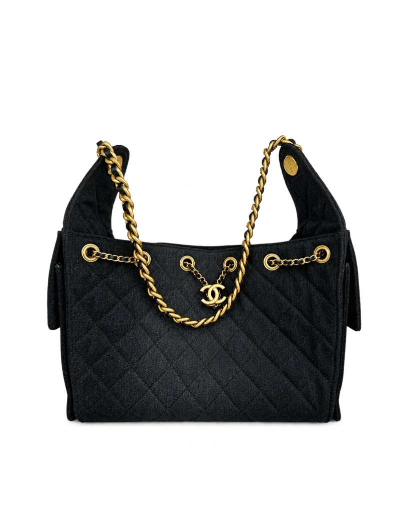 Dark Navy Quilted Chain Drawstring Tote — main view