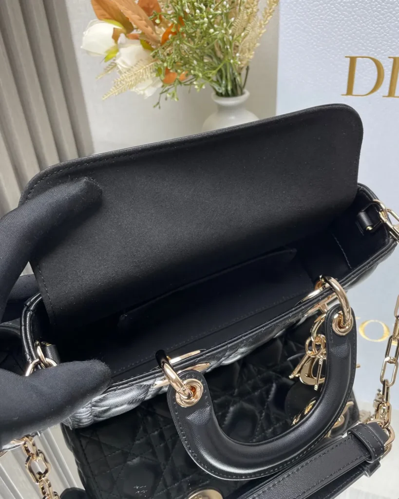 Black Quilted Chain Top Handle Bag — interior view