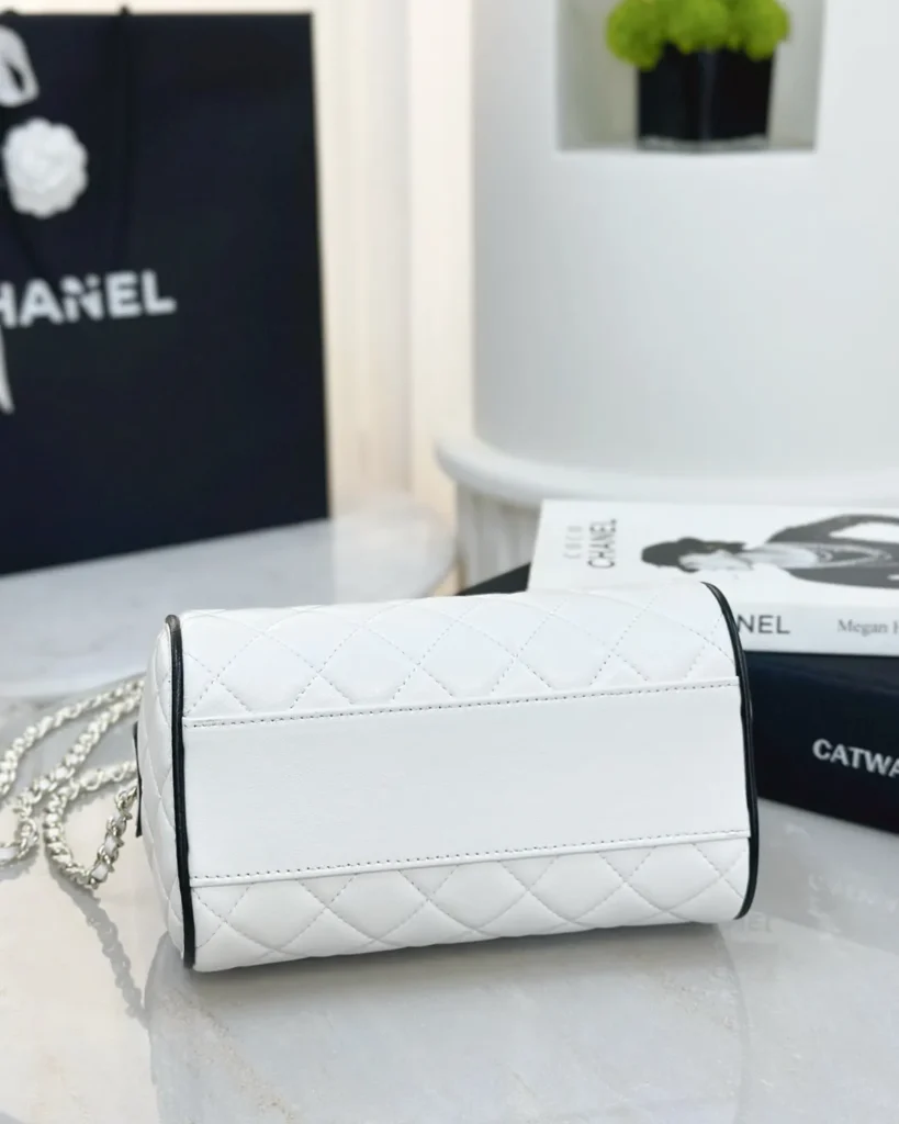 White and Black Quilted Chain Bowler Bag — base view