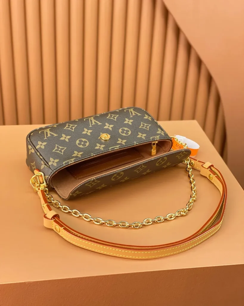Brown Monogram Baguette Chain Bag — open top view