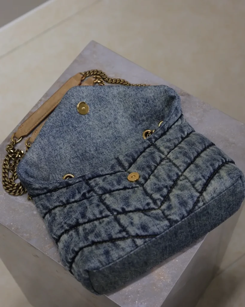 Washed-Blue Quilted Flap Bag — open flap view