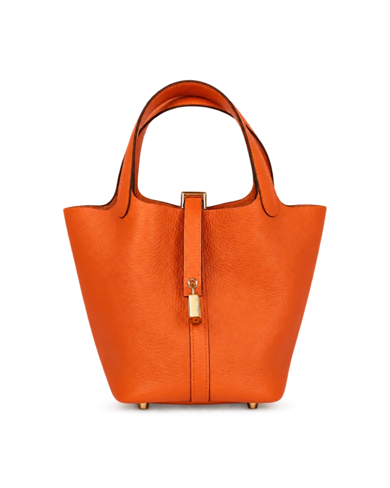 Upright front view of an orange pebbled-leather bucket bag with two handles and a gold-tone padlock