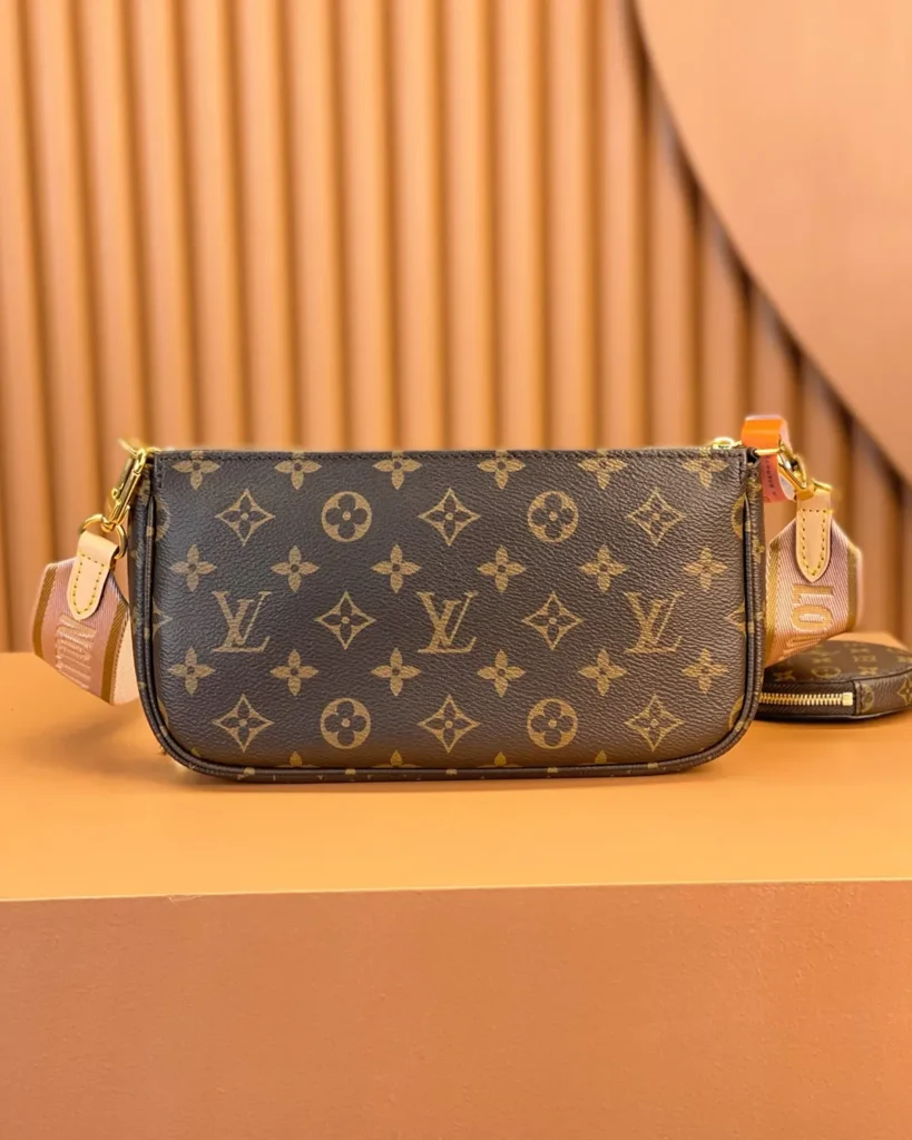 Brown Monogram Multi-Pouch Bag with Pink Strap — rear view