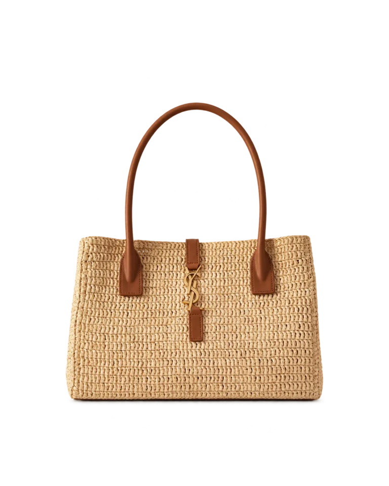 Natural-Tone Woven Tote with Brown Handles — front view