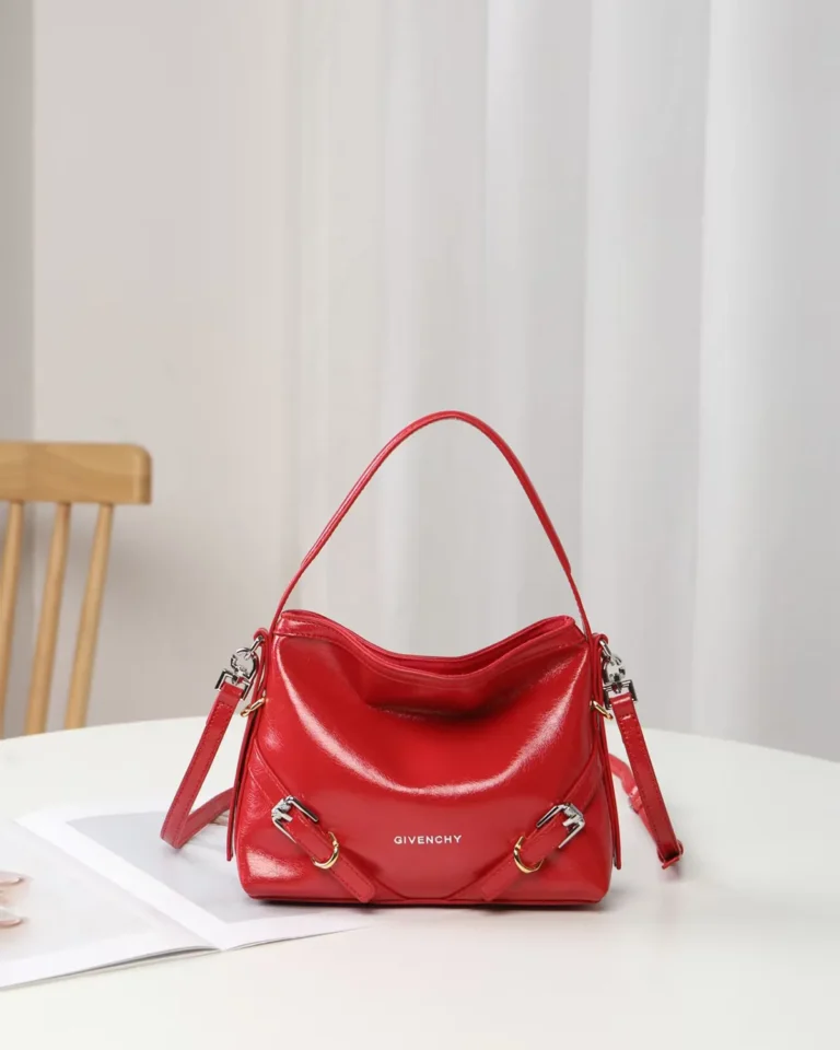 Glossy Red Buckle Shoulder Bag — front styled