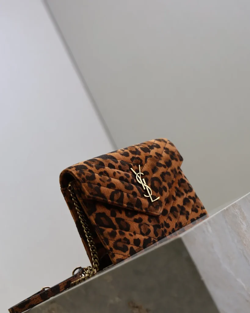 Leopard Print Envelope Chain Wallet — angled front view