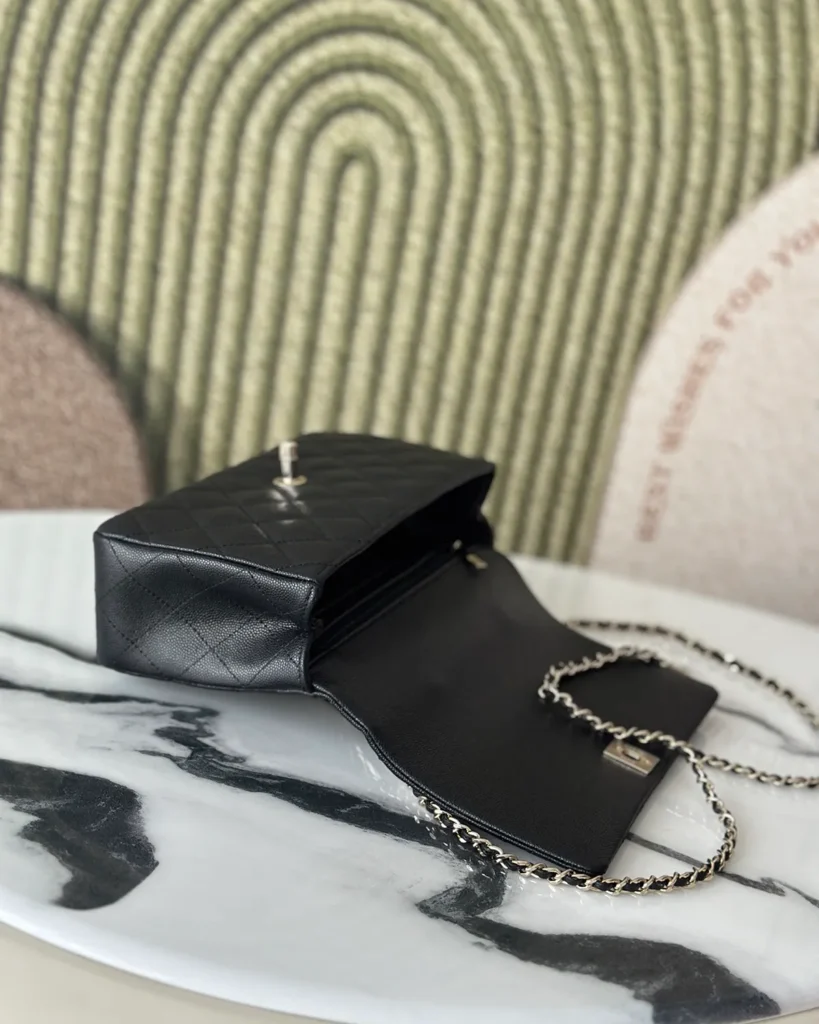 Black Quilted Metal-Handle Flap Bag — open flap view