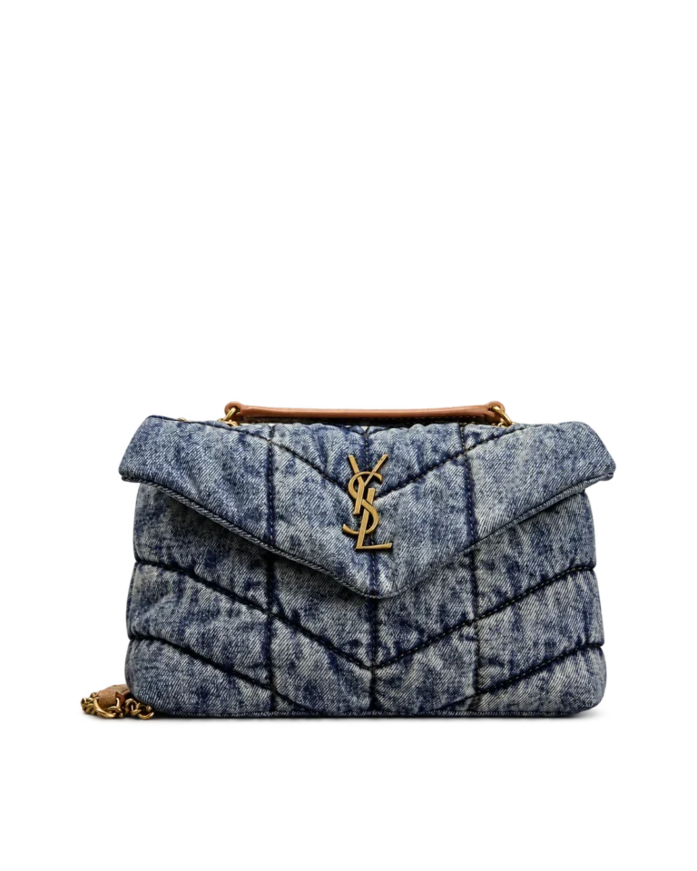 Washed-Blue Quilted Flap Bag — front on plinth view