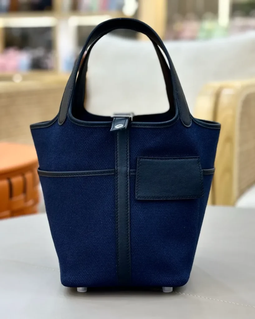 Picotin-Inspired Navy Textured Bucket Tote, front display