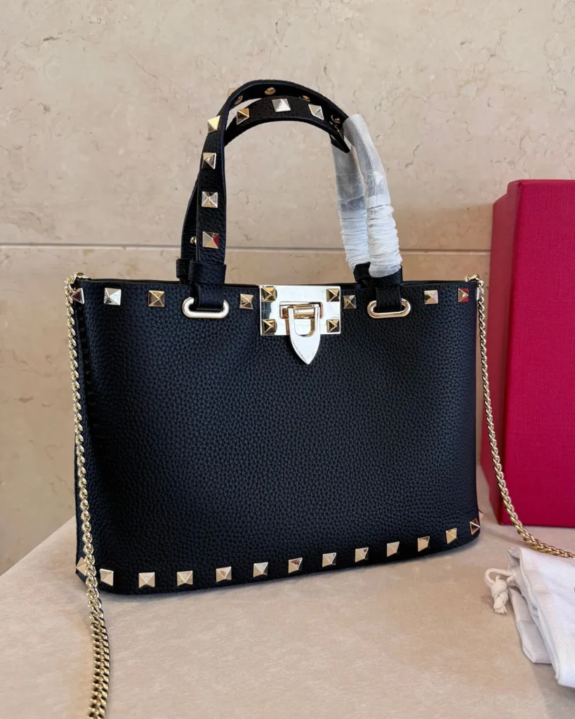 Black Studded Border Top-Handle Tote — front view