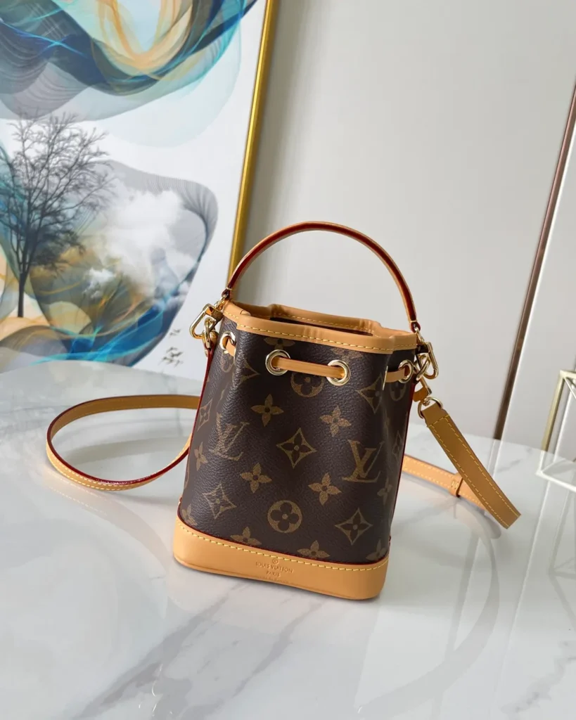 Brown Monogram Tan-Trim Drawstring Bucket Bag — opposite angle view