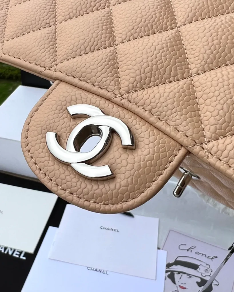 Beige Quilted Chain Flap Bag — clasp detail view