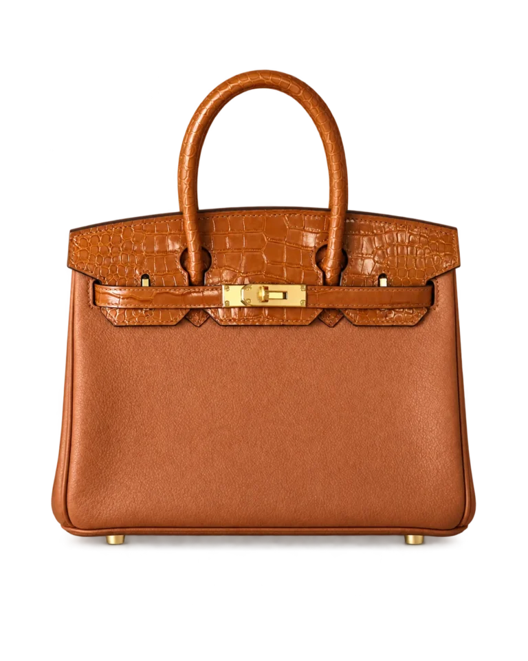 Birkin-Inspired 25 Gold Tan Mixed-Texture Tote, upright front with gold-tone hardware