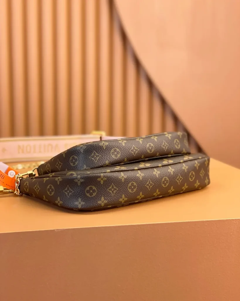 Brown Monogram Multi-Pouch Bag with Pink Strap — base view