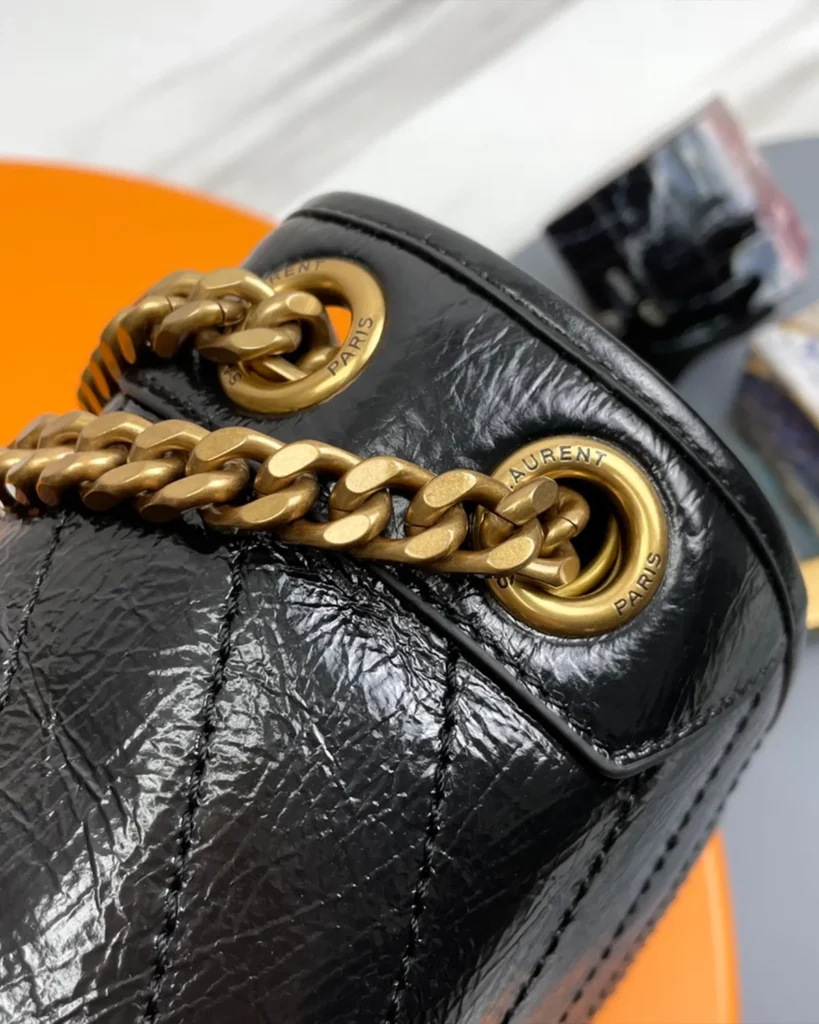 Black Crinkled Chevron Flap Shoulder Bag — chain view