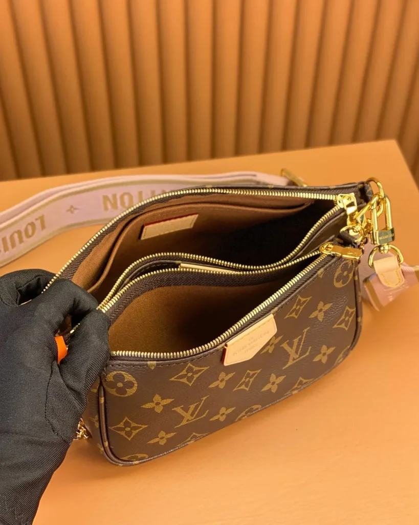 Brown Monogram Multi-Pouch Bag with Pink Strap — interior view