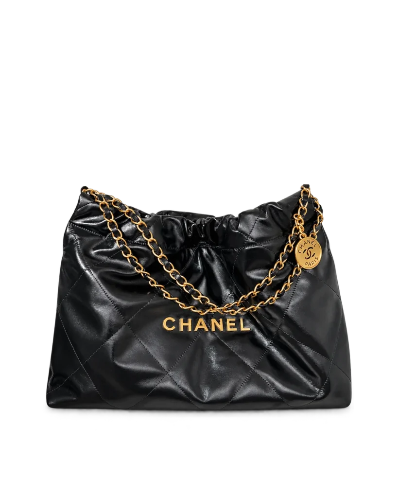 Glossy Black Quilted Chain Shopper — main view