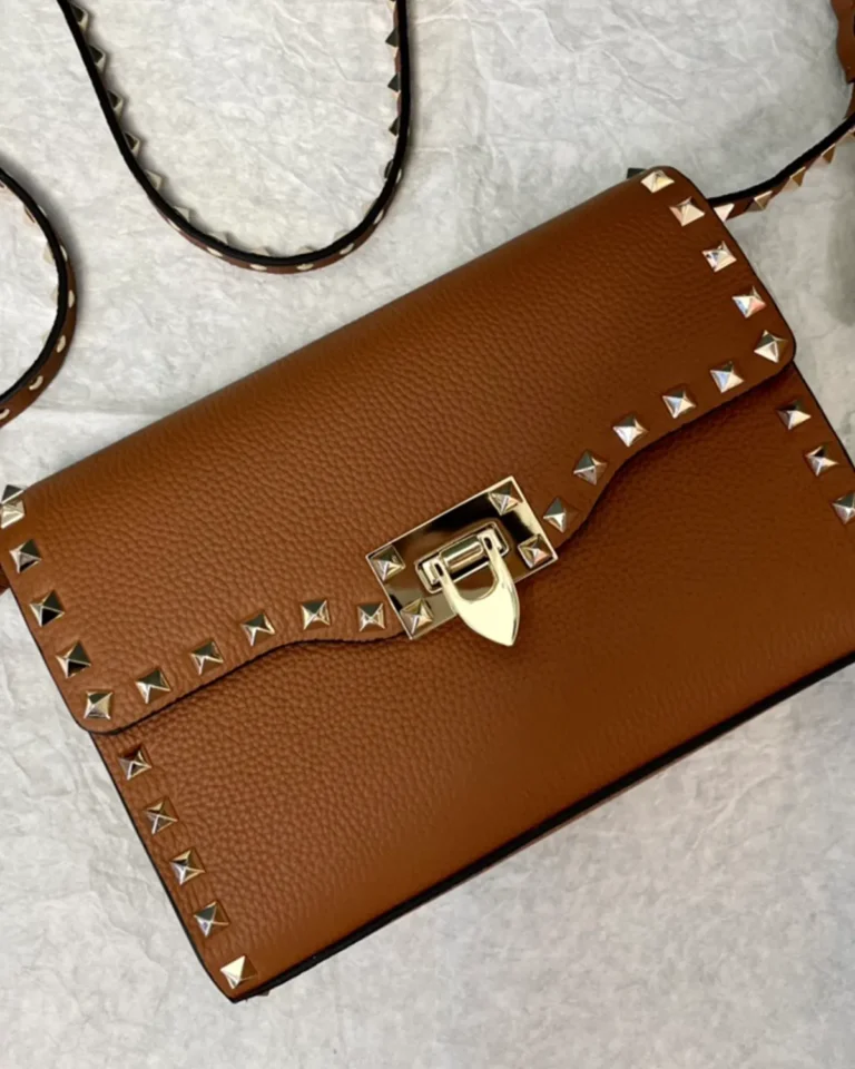 Tan Studded Edge Flap Shoulder Bag — overhead view